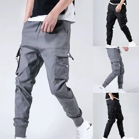 YHAJDS Men Summer Cargo Joggers Elastic Waist Solid Color Drawstring Pocket Pants