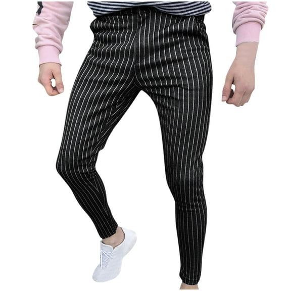 YHAJDS Summer Mens Pants,Full Length Pants for Men Casual Pants Stripe Print Slim Ankle Length Pants with Pockets Soft Fabric Daily Wear Tapered Trousers