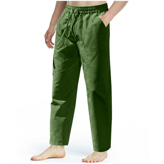 YHAJDS Summer Mens Pants,Linen Pants Men Full Length Pants for Men Linen Casual Pants with Multi Pockets Drawstring Elastic Waist