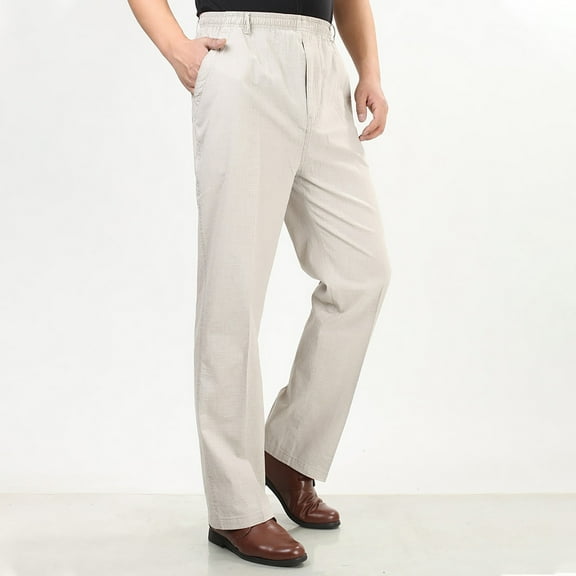 YHAJDS Summer Mens Pants,Mens Casual Pants Solid Color Summer Full Length Pants with Pockets Elastic Waist Straight Leg Trousers