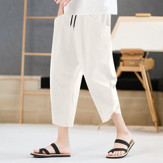 YHAJDS Summer Mens Pants,Mens Pants Summer Elastic Waist Drawstring Solid Color 7/Big and Tall0 Length Comfortable Casual Pants with Pockets