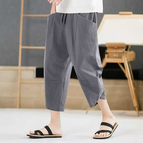 YHAJDS Summer Mens Pants,Mens Pants Summer Elastic Waist Drawstring Solid Color 7/Big and Tall0 Length Comfortable Casual Pants with Pockets