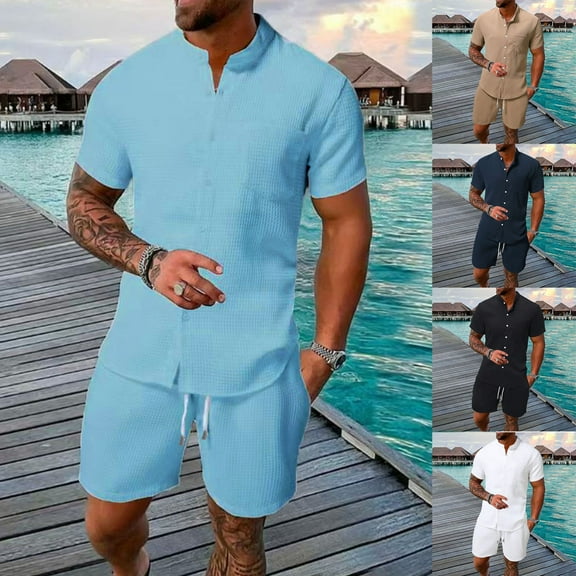 YHAJDS Summer Shirt and Shorts Set for Men2 Piece Outfits Solid Color Stand Collar Pocket Short Sleeve Shirt Drawstring Waist Shorts Set