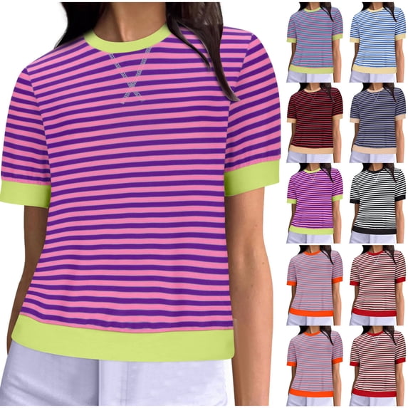 YHAJDS Summer Shirts for Women Short Sleeve Round Neck Tee Casual Striped Print Top