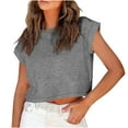 thumbnail image 1 of YHAJDS Summer Tops Blouses Solid Color Roll Sleeve Batwing Crop Top Round Neck Casual Tee, 1 of 4