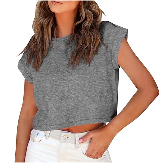 YHAJDS Summer Tops Blouses Solid Color Roll Sleeve Batwing Crop Top Round Neck Casual Tee
