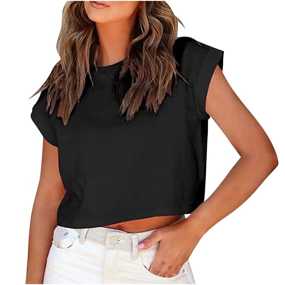 YHAJDS Summer Tops Blouses Solid Color Roll Sleeve Batwing Crop Top Round Neck Casual Tee