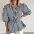 thumbnail image 1 of YHAJDS Summer Tops Blouses Striped Front Round Neck Puff Sleeve Blouse Casual Spring Top, 1 of 5