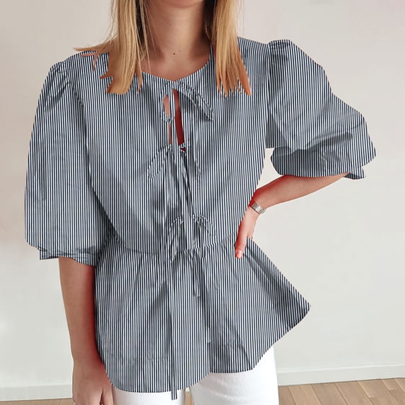 YHAJDS Summer Tops Blouses Striped Front Round Neck Puff Sleeve Blouse Casual Spring Top