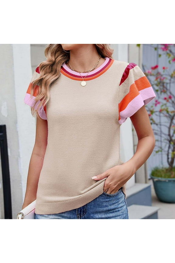 Summer Tops for Women Short Sleeve Round Neck Knit Top Color Sweet Style Casual Sweater