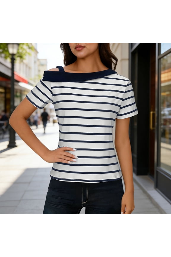 T Shirts for Women Short Sleeve Off Shoulder Striped Patchwork Casual Blouses Tops