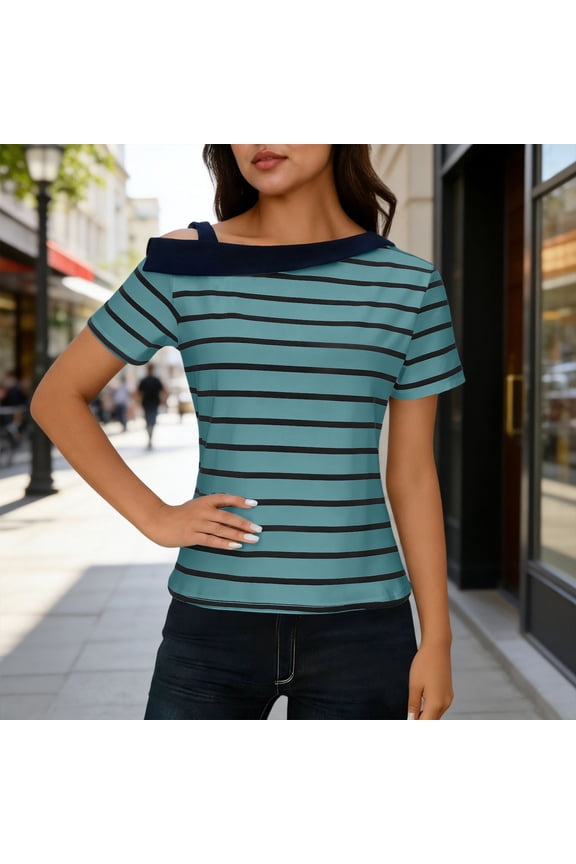 T Shirts for Women Short Sleeve Off Shoulder Striped Patchwork Casual Blouses Tops