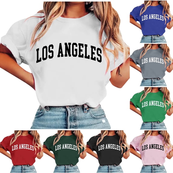 YHAJDS T Shirts for Women Short Sleeve Round Neck Letter Print Casual Pullover Summer