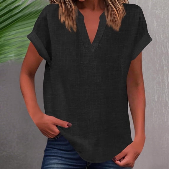 YHAJDS T Shirts for Women Solid Color Cotton Linen Like Raglan Short Sleeve V Neck Pullover Tops