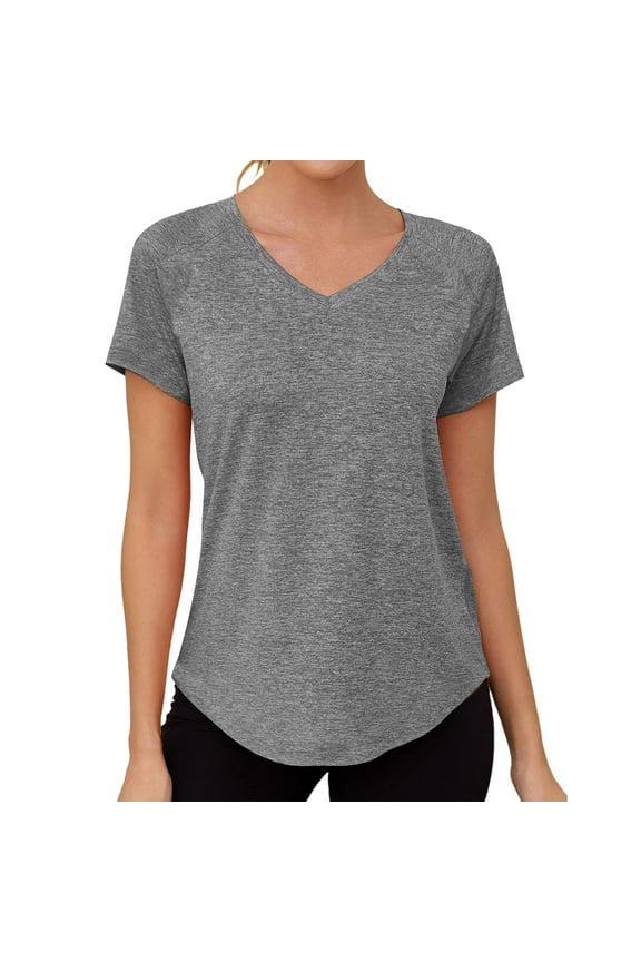 T Shirts for Women Sport Curved Hem Loose Breathable Back Vent Quick Dry V Neck Raglan Short Sleeve Top