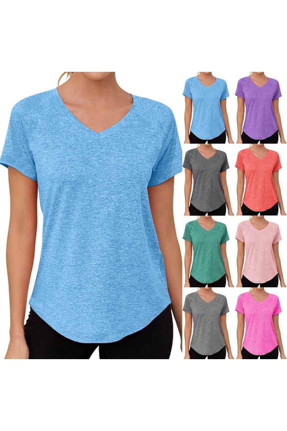 T Shirts for Women Sport Curved Hem Loose Breathable Back Vent Quick Dry V Neck Raglan Short Sleeve Top