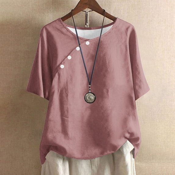 YHAJDS T Shirts for Women Womens Tops Short Sleeve Solid Color Round Neck Linen Bamboo Button Down Shirt