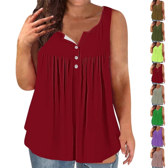 YHAJDS Tank Tops for Women Basic Undershirt Tanks Solid Color Button Detail Pleated Sleeveless Casual Blouse