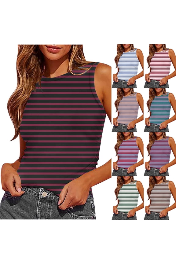 Tank Tops for Women Spring Fashion Outfits Striped Print Round Neck Ruffle Detail Contoured Sleeveless Top