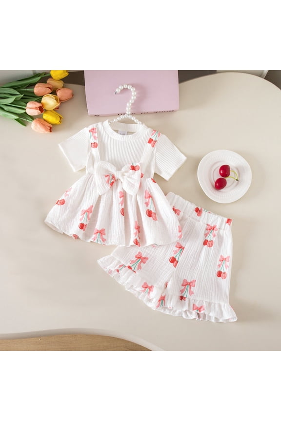 Baby Girl Summer Clothes Cotton Print Bow Set Short Sleeve Round Neck Top Shorts