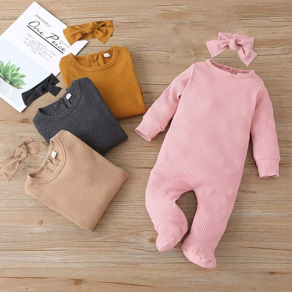 YHAJDS Toddler Fall Winter Casual Jumpsuit, Jumpsuit For Kids Unisex Fall Winter Solid Color Ribbed Long Sleeve Overalls With Headband Set For 0-12Months