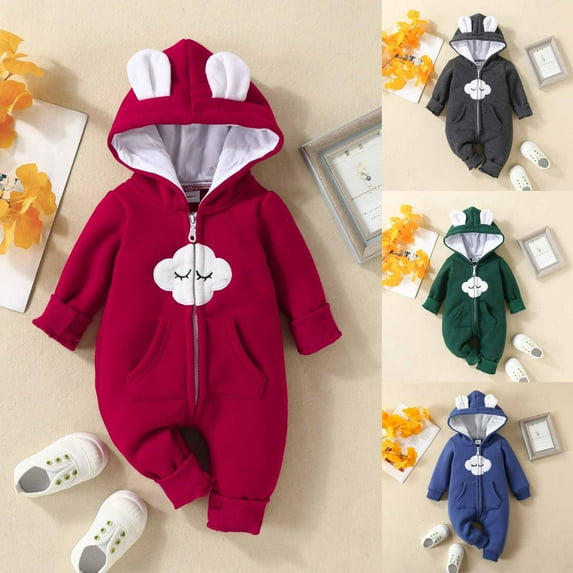 YHAJDS Toddler Fall Winter Casual Jumpsuit, Kids Jumpsuit Print Long Sleeve Hooded Warm Romper for 0-18 Months Fall Winter