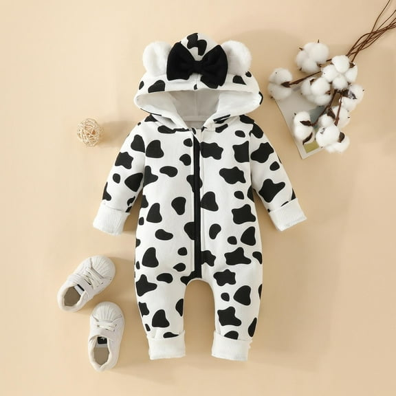 YHAJDS Toddler Fall Winter Casual Jumpsuit, Kids Jumpsuit Rompers For Kids 0-18 Months Long Sleeve Hooded Bowknot Fleece Lined Warm Onesie With Cow Print
