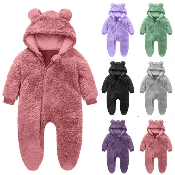 YHAJDS Toddler Fall Winter Casual Jumpsuit, Kids Rompers Solid Color Double Fleece Open Front Hooded Long Sleeve 0-12 Months Fall Winter