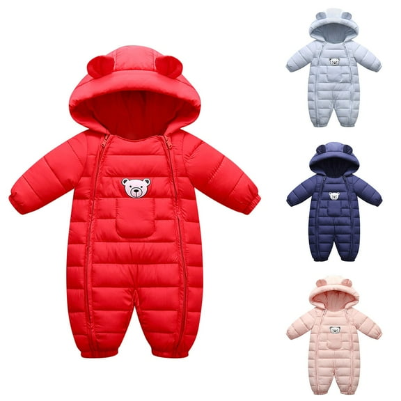 YHAJDS Toddler Fall Winter Casual Jumpsuit, Kids Rompers Toddler Boys Girls Long Sleeve Bear Print Padded Fall Winter Hooded Jumpsuit with Pockets 0-16 Months