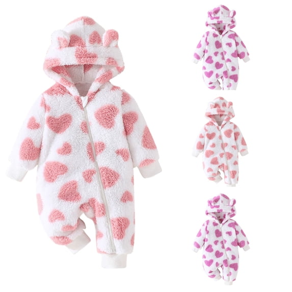 YHAJDS Toddler Fall Winter Casual Jumpsuit, Kids Solid Color Print Fleece Double-sided Romper Button-front Hooded Long Sleeve Coverall 0-18 Months Warm Fall Winter