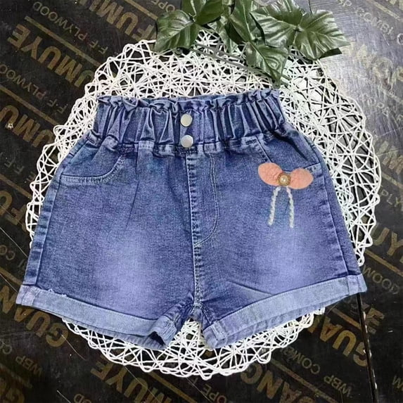 YHAJDS Toddler Girl Denim Short Solid Color Denim Shorts with Bow Summer Casual Style Elastic Waist Comfortable Daily OutFits