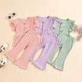 thumbnail image 1 of YHAJDS Toddler Kids 2 Piece Outfit Short Sleeve Puff Sleeve Top with Flare Long Pants, 1 of 5