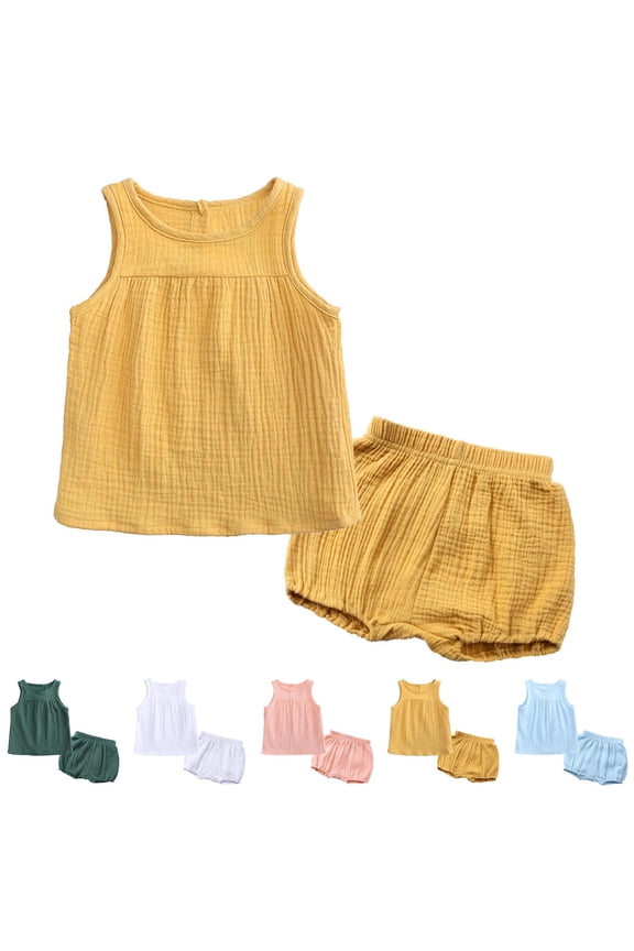 Kids 2 Piece Set Solid Color Cotton Sleeveless Tank Top with Shorts Summer Casual Wear