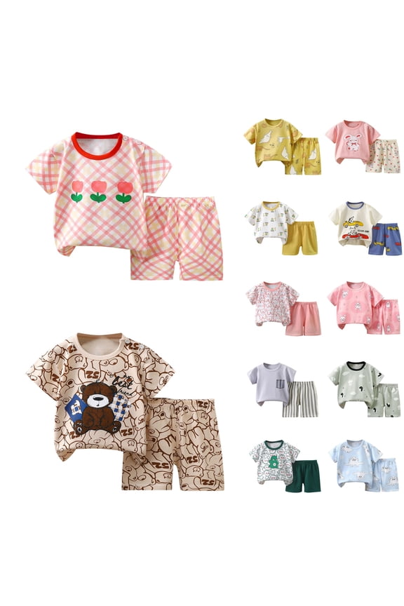 Toddler Young Boys Girls 2 Piece Summer Outfits Cotton Print Short Sleeve Crewneck Top Shorts