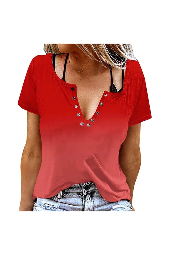 Top for Women Short Sleeve Shirt Womens Tops Short Sleeve Ombre Print Round Neck Snap Button Casual Tee