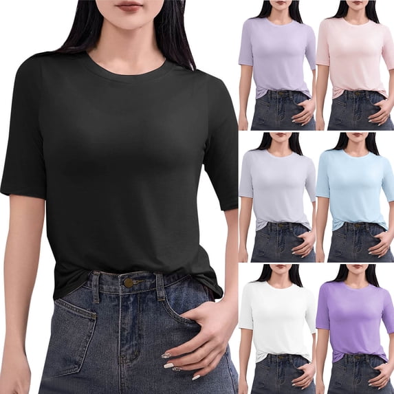 YHAJDS Tops Half Sleeve Round Neck Solid Color Stretch Tee Lightweight Casual Loungewear Basic Top