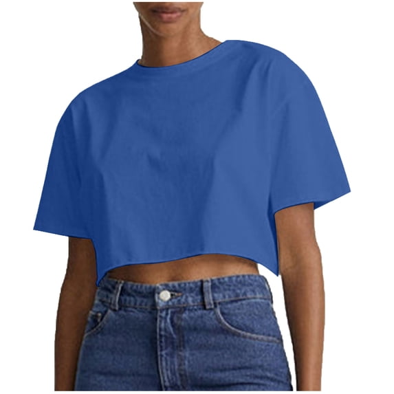 YHAJDS Tops for Women Blouses Dressy Casual Round Neck Cropped Short Sleeve Solid Color