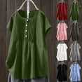 thumbnail image 1 of YHAJDS Tops or Blouses for Women Short Sleeve Round Neck Solid Color Linen Like Button Top, 1 of 5