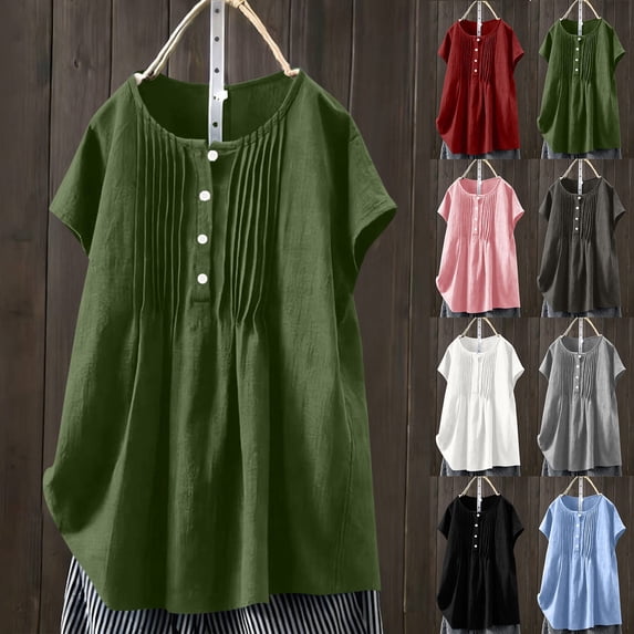 YHAJDS Tops or Blouses for Women Short Sleeve Round Neck Solid Color Linen Like Button Top