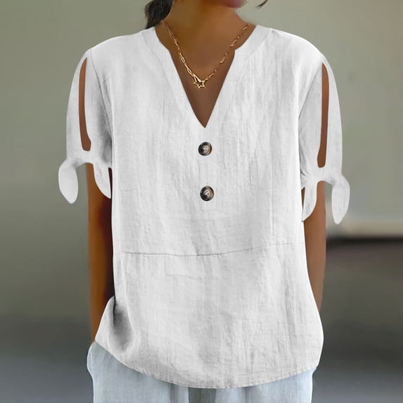 YHAJDS Tunic Summer Tops for Women Linen Solid Color V Neck Button Tie Knot Loose Short Sleeve Blouses