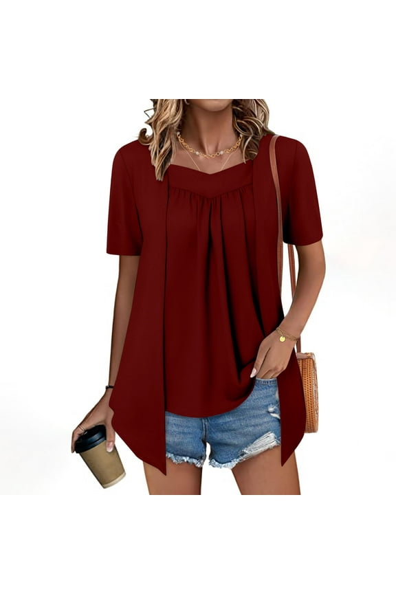 Tunic Summer Tops for Women Short Sleeve V Neck Solid Color Layered Hem Blouses