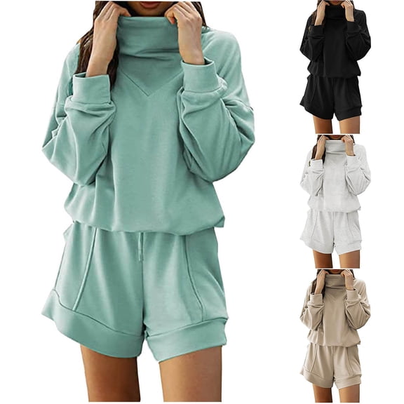 YHAJDS Two Piece Set for Women,Casual Outfits Set Solid Color Crew Neck Turtleneck Long Sleeve Top with Drawstring Pocket Shorts Loose Fall Winter Set