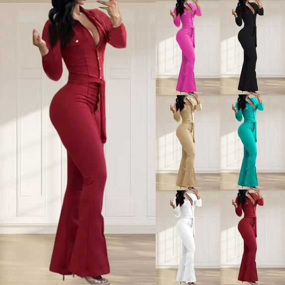 YHAJDS Two Piece Set for Women,Jumpsuit Solid Color Button Collar With Cargo Pockets Flared Leg And Belt Fall Winter Fashion Casual Outfit Warm Soft Comfortable Ladies Daily Wear Suits