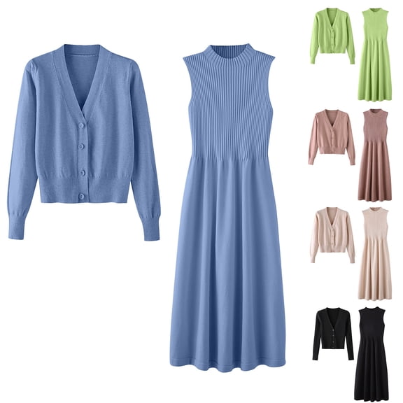 YHAJDS Two Piece Set for Women,Ladies Fashion Set Long Sleeve Knit Cardigan and Sleeveless Crew Neck Dress Outfit Elegant Fall Winter Casual Suit for Women