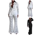 thumbnail image 1 of YHAJDS Two Piece Set for Women,Ladies Fashion Set Long Sleeve V Neck Lace Collar Top with No Pockets High Waist Pants and Belt Elegant Fall Winter Casual Outfit, 1 of 5