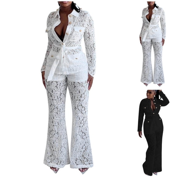 YHAJDS Two Piece Set for Women,Ladies Fashion Set Long Sleeve V Neck Lace Collar Top with No Pockets High Waist Pants and Belt Elegant Fall Winter Casual Outfit