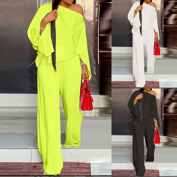 YHAJDS Two Piece Set for Women,Outfits Set Solid Color Satin Long Sleeve Round Neck Top With Asymmetrical Hem Fall Winter Casual Fashion 2 Piece Set Warm Soft Ladies Daily Wear Suits