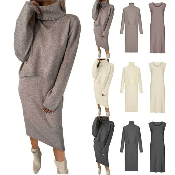 YHAJDS Two Piece Set for Women,Set 2 Piece Outfits 2 Piece Suits for Women Solid Color Long Sleeve Crew Neck Knit Top and Long Dress Two Piece Set Fall Winter Fashion Matching Outfits