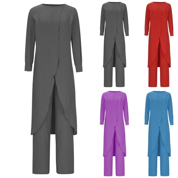 YHAJDS Two Piece Set for Women,Set 2 Piece Outfits Solid Color Pullover Crew Neck Long Sleeve Top with Elastic Waist Pants Casual Loose Two Piece Set Fall Winter