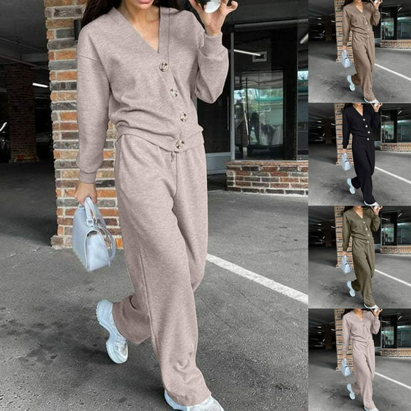 YHAJDS Two Piece Set for Women,Set 2 Piece Suits for Women Long Sleeve V Neck Button Cardigan with Drawstring Pants Womens Fall Winter Outfit Set Loose Casual Ladies Fashion Set